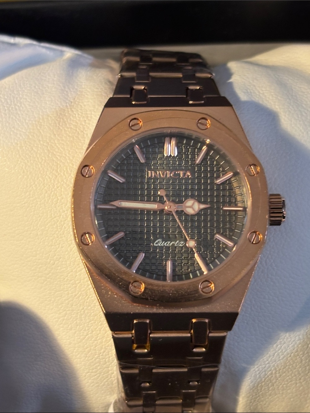 Invicta Rose Gold Tone Watch with Black Textured Dial